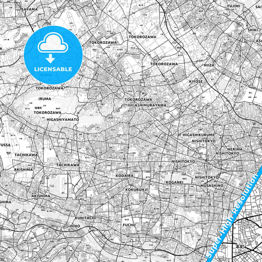 Higashimurayama, Japan light map with streetnames, citynames and districts