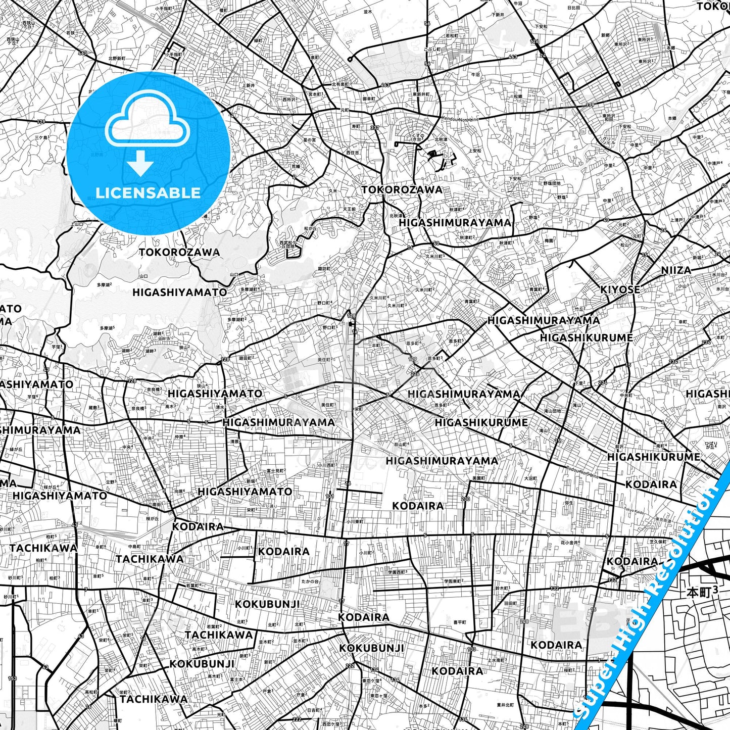 Higashimurayama, Japan Light Map with Street Names, City Names, and Districts