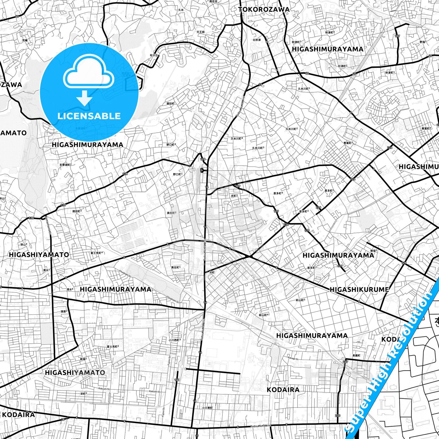 Higashimurayama, Japan Light Map with Street Names, City Names, and Districts