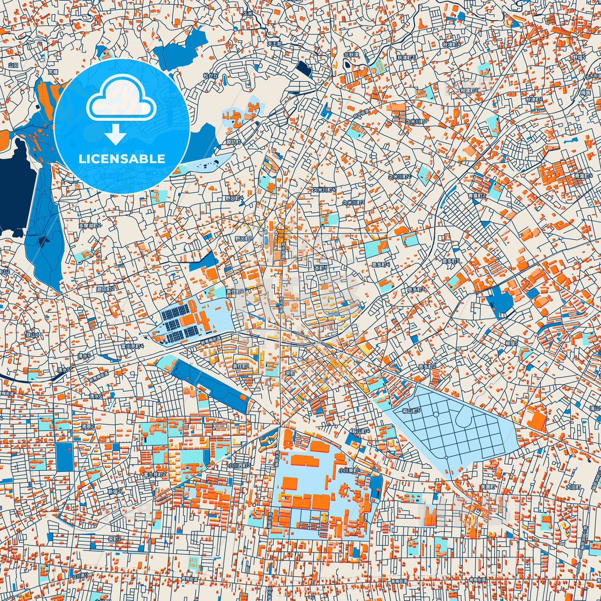 Colorful Higashimurayama Street Map with Labels and Buildings