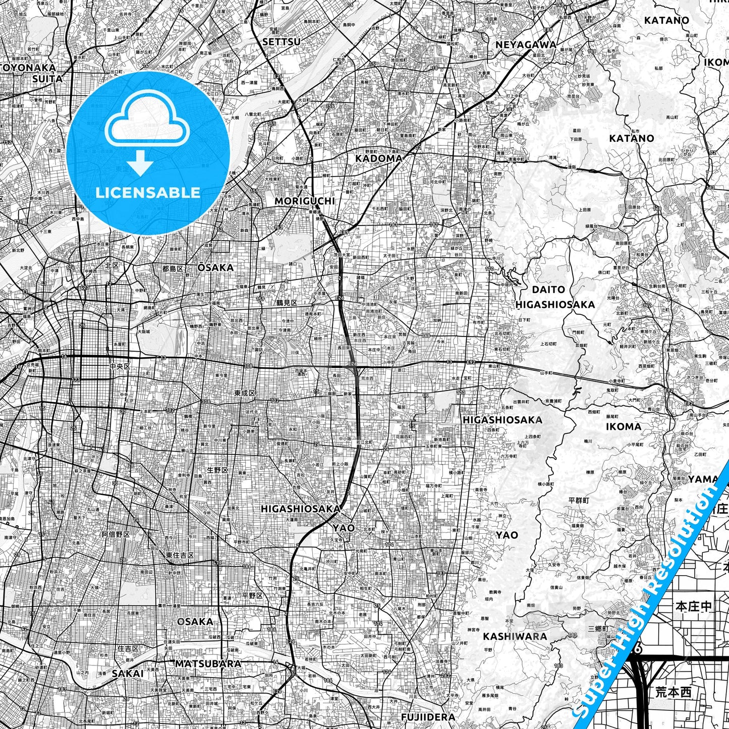 Higashiōsaka, Japan light map with streetnames, citynames and districts