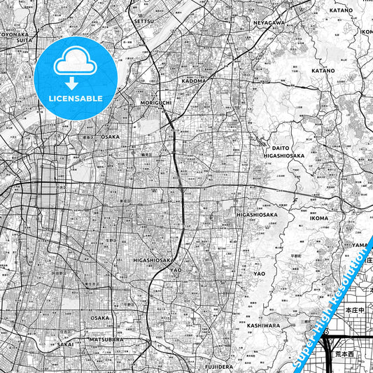 Higashiōsaka, Japan light map with streetnames, citynames and districts