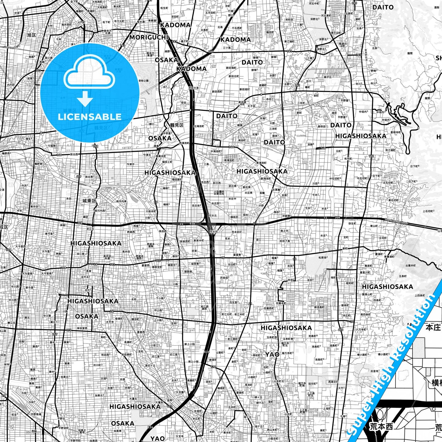 Higashiōsaka, Japan Light Map with Street Names, City Names, and Districts