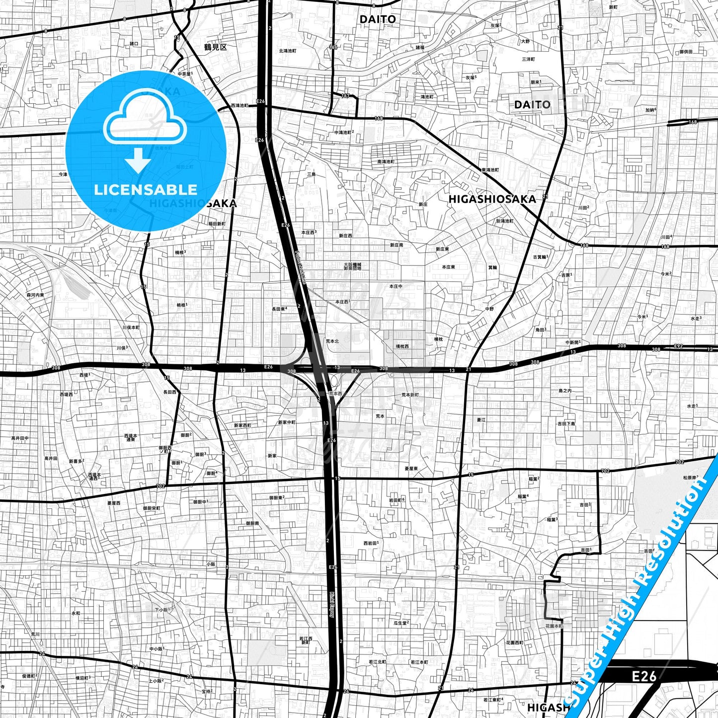 Higashiōsaka, Japan Light Map with Street Names, City Names, and Districts