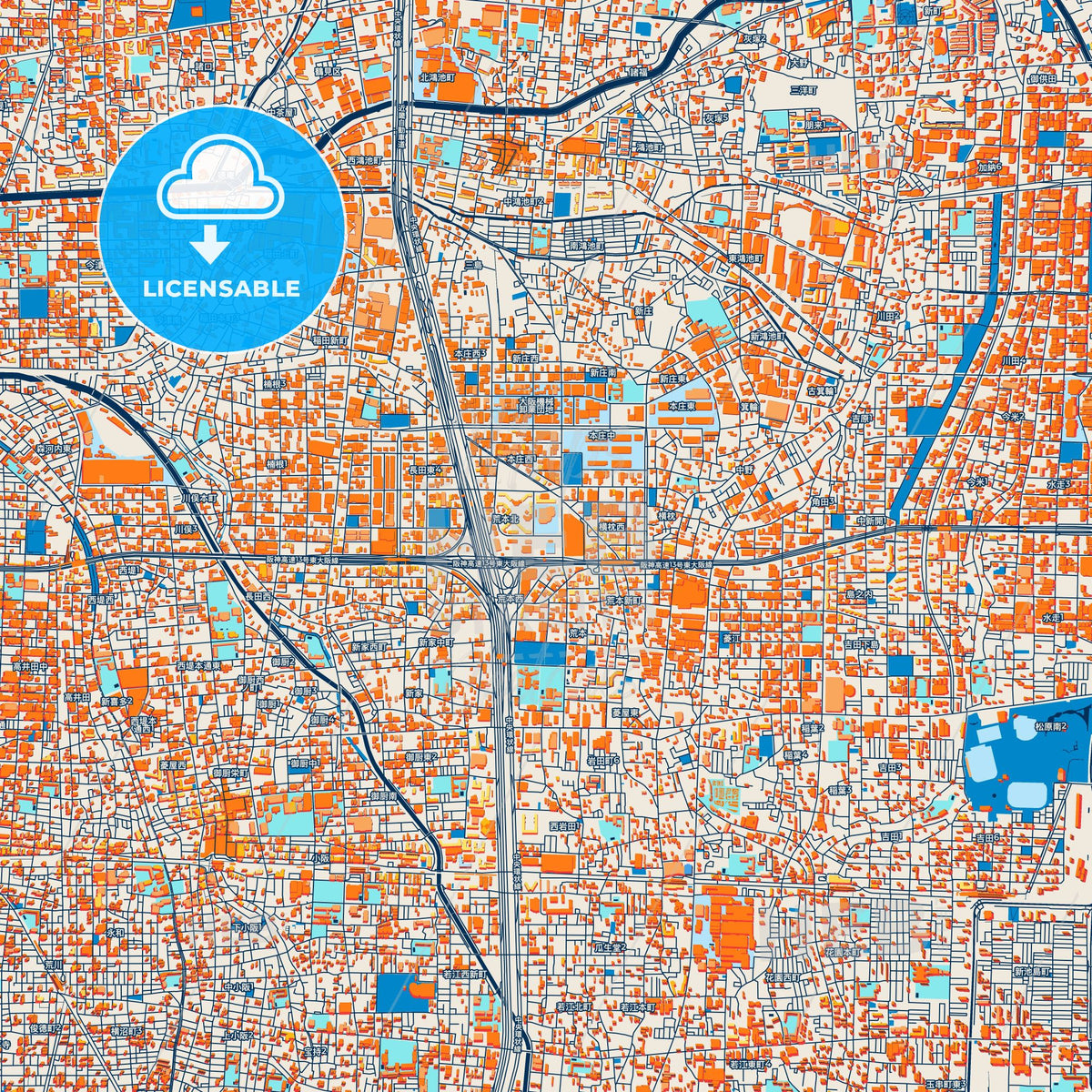 Colorful Higashiōsaka Street Map with Labels and Buildings