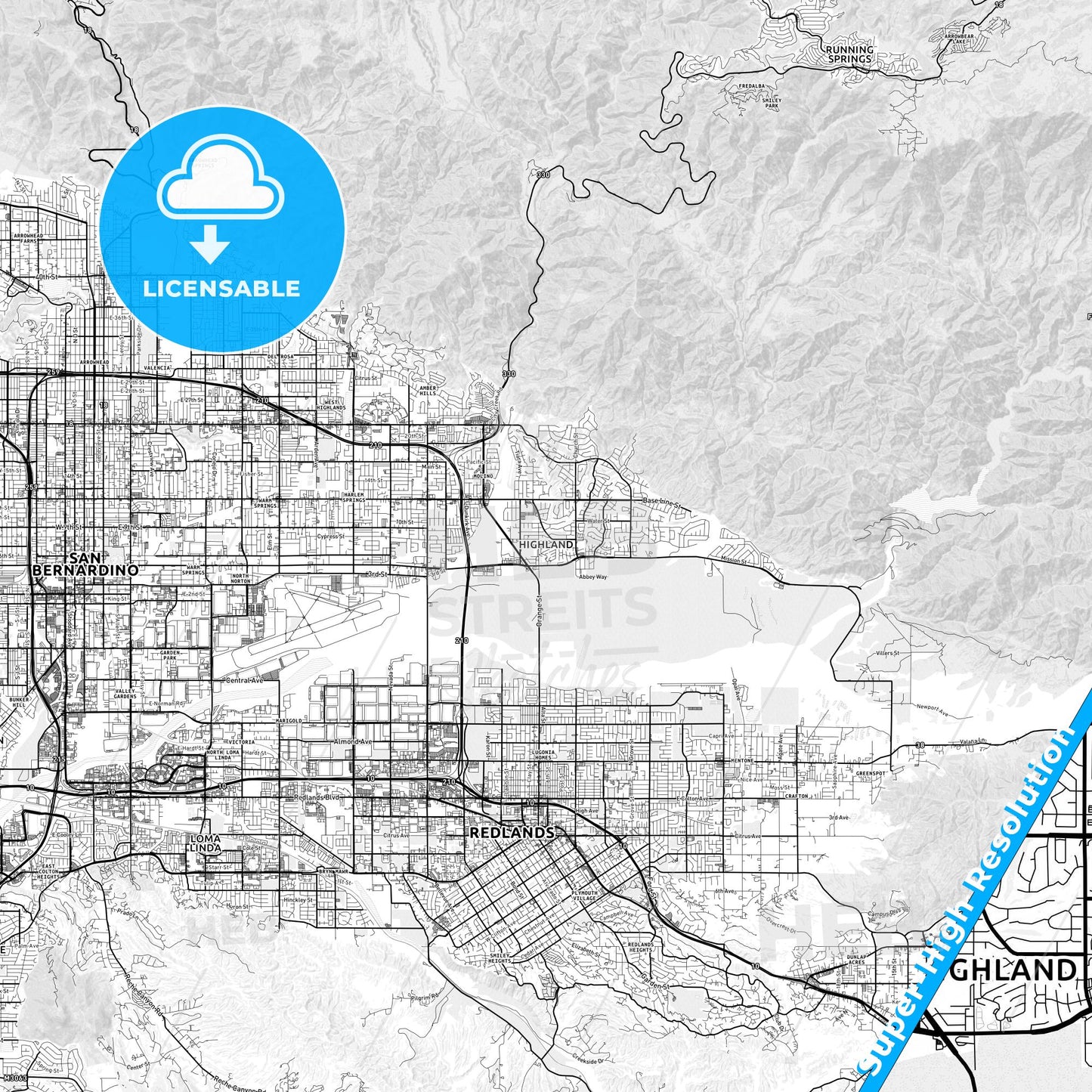 Highland, California light map with streetnames, citynames and districts