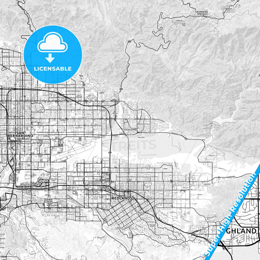 Highland, California light map with streetnames, citynames and districts
