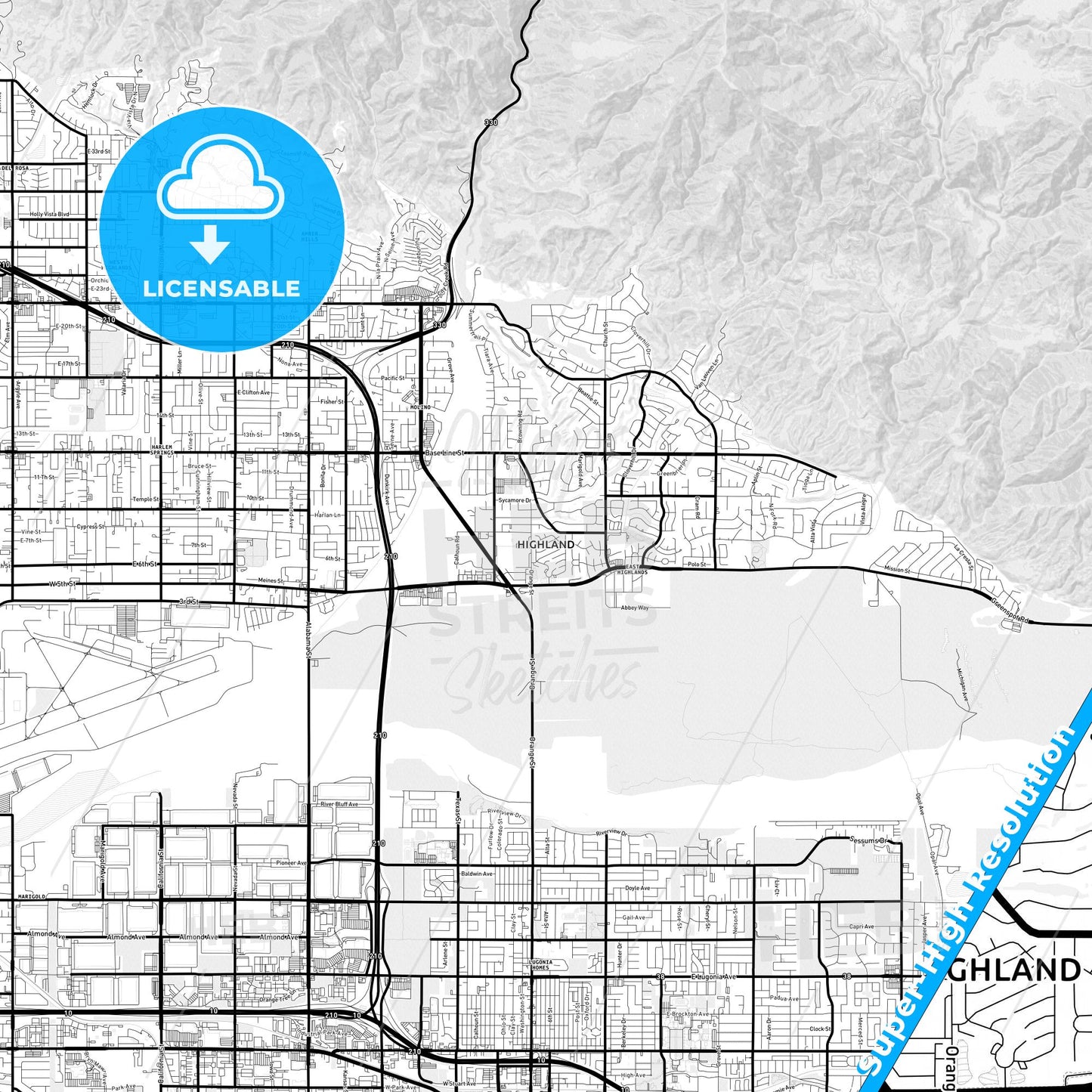 Highland, California Light Map with Street Names, City Names, and Districts