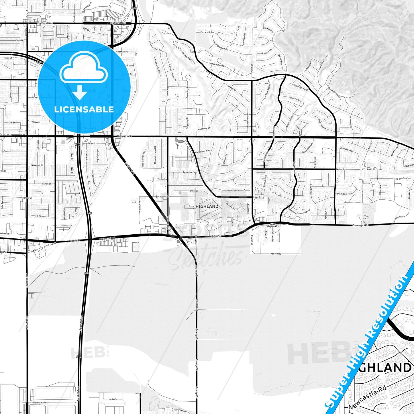 Highland, California Light Map with Street Names, City Names, and Districts