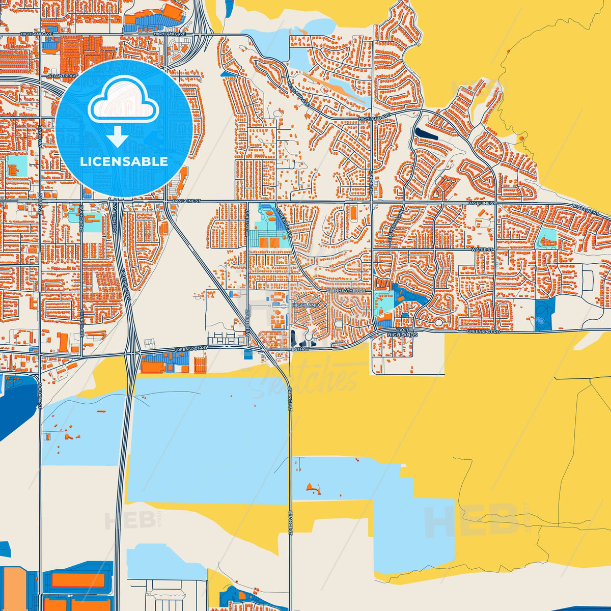 Colorful Highland Street Map with Labels and Buildings