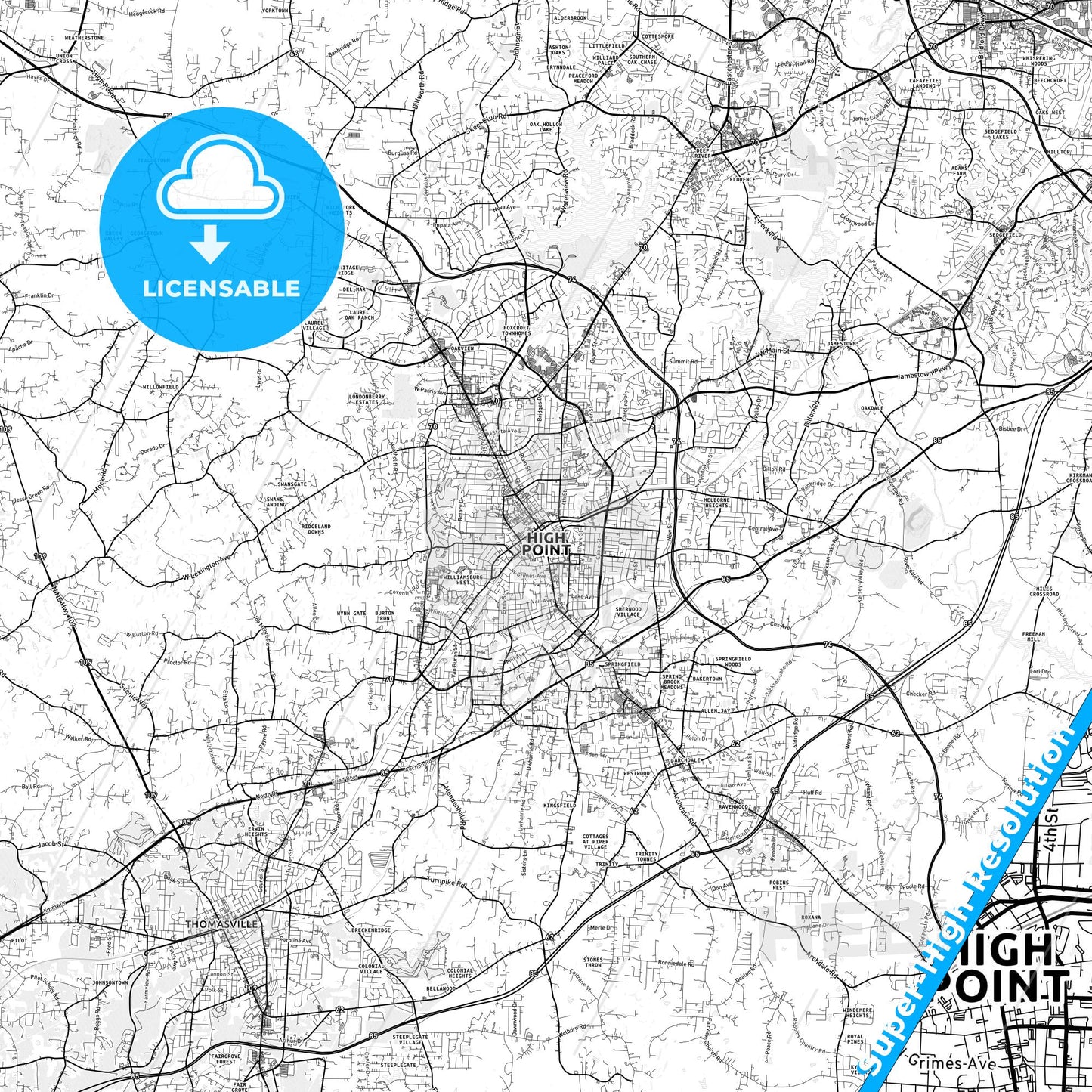 High Point, North Carolina light map with streetnames, citynames and districts