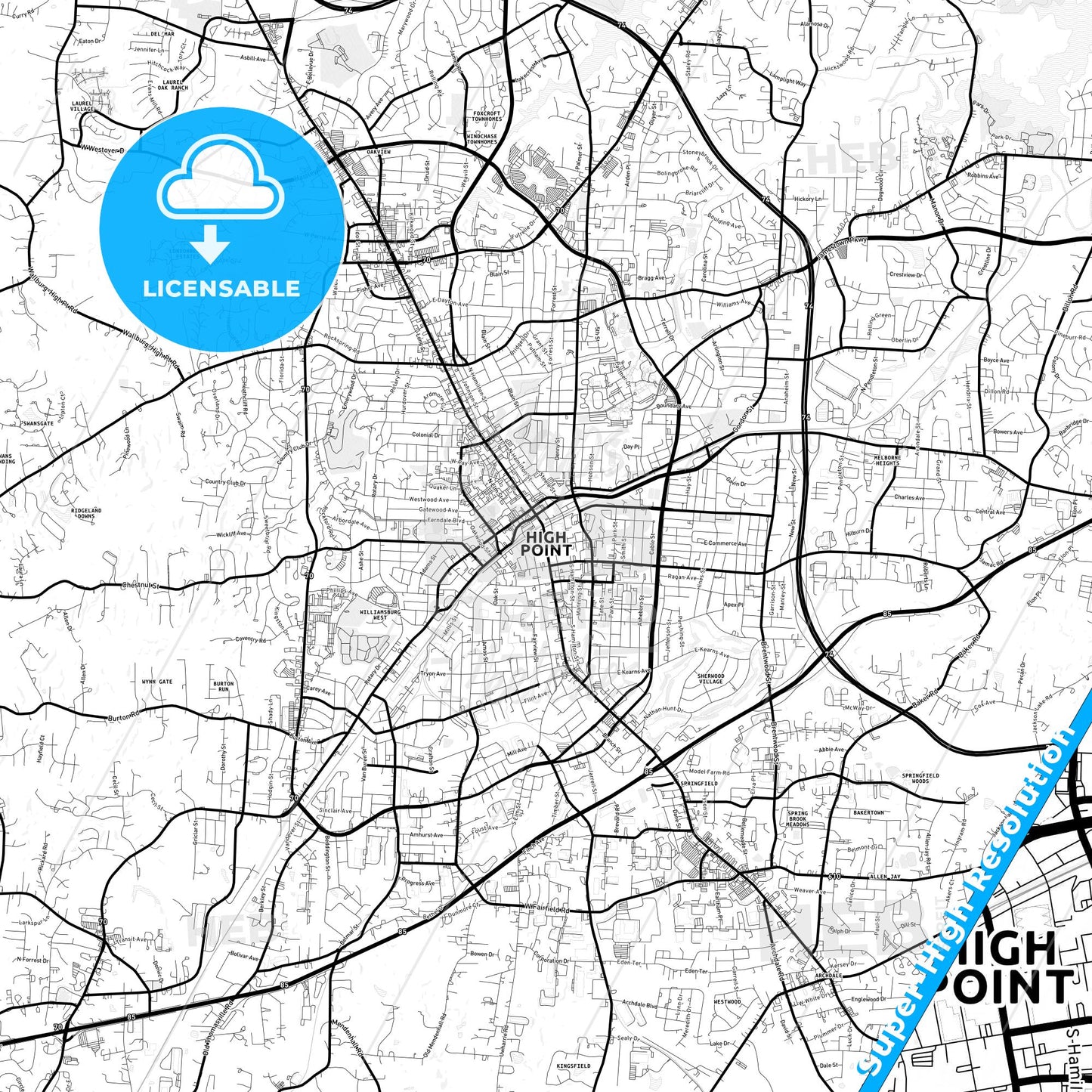 High Point, North Carolina Light Map with Street Names, City Names, and Districts