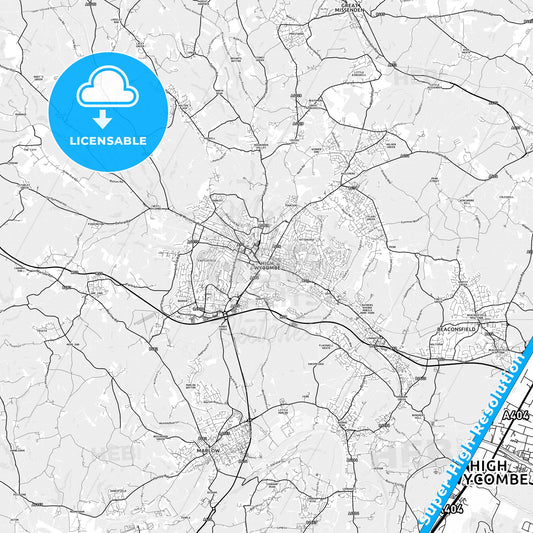 High Wycombe, England light map with streetnames, citynames and districts