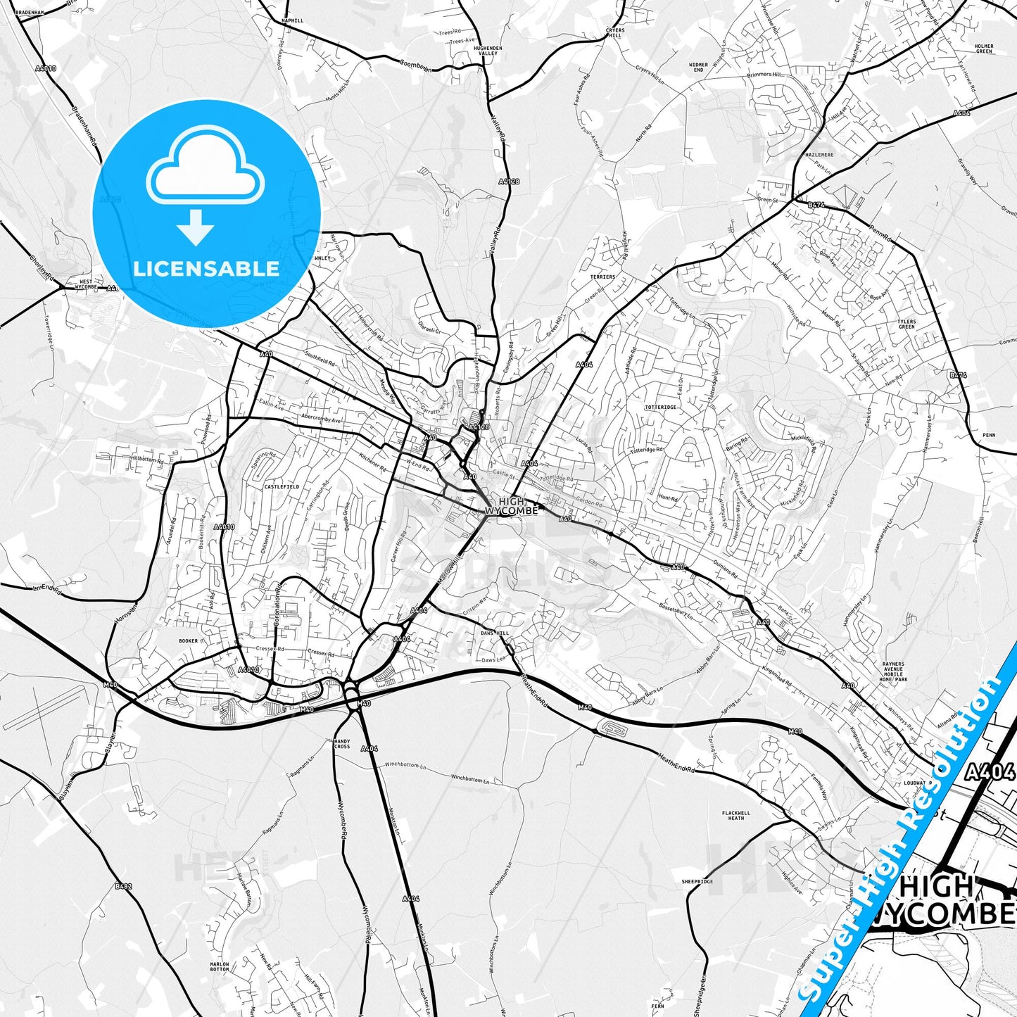 High Wycombe, England Light Map with Street Names, City Names, and Districts