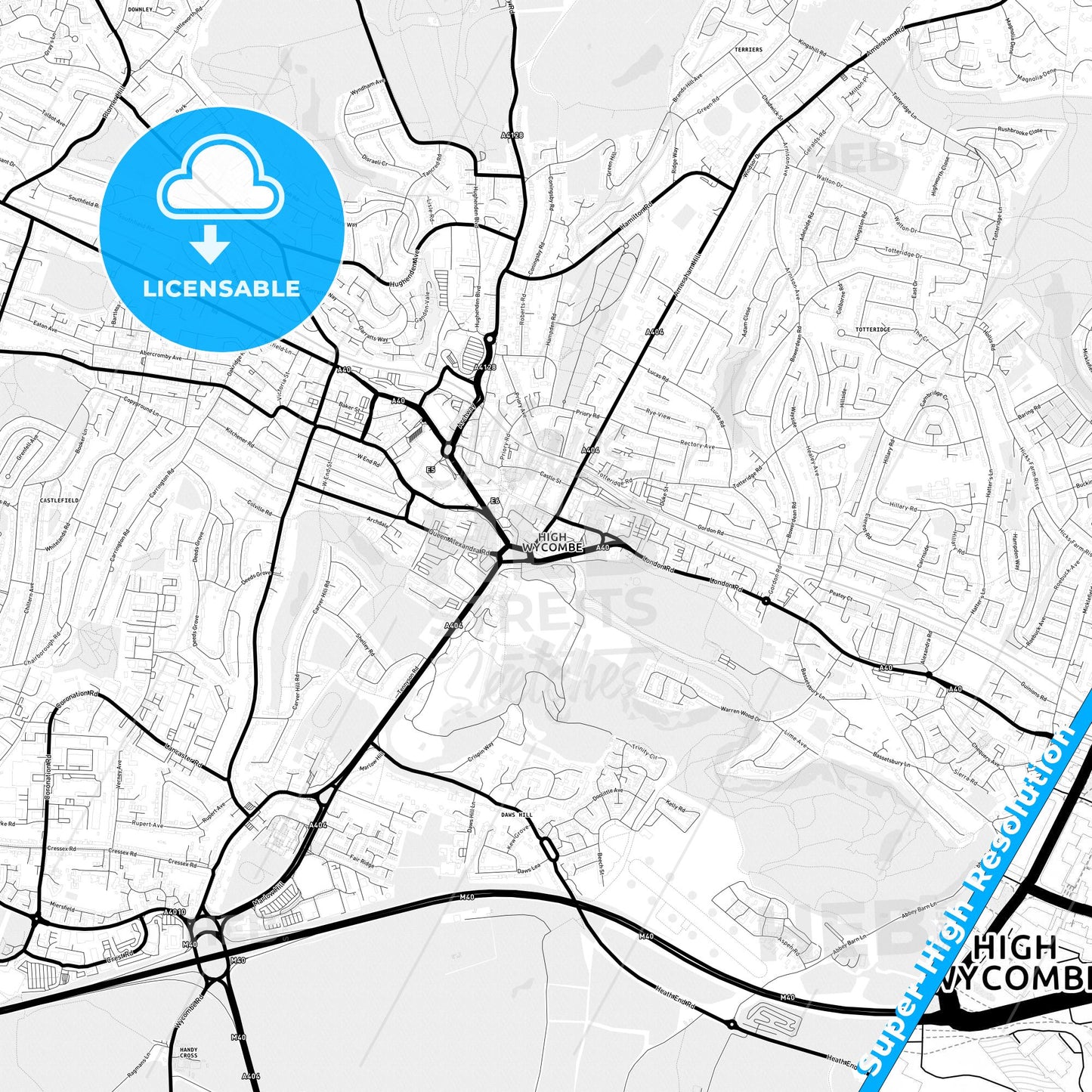 High Wycombe, England Light Map with Street Names, City Names, and Districts