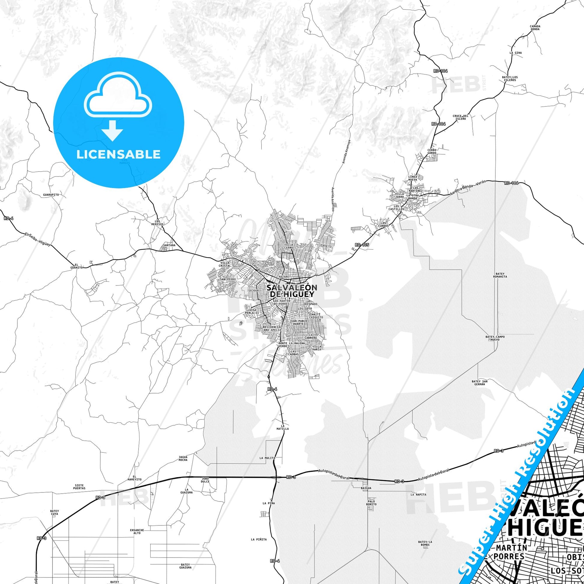 Higüey, Dominican Republic light map with streetnames, citynames and districts