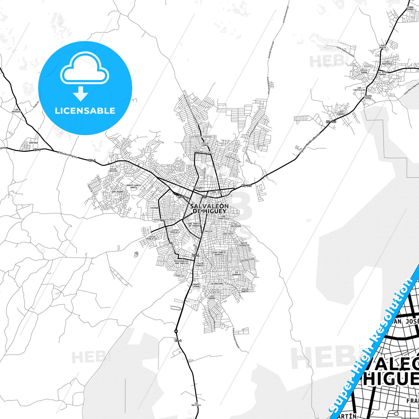 Higüey, Dominican Republic Light Map with Street Names, City Names, and Districts