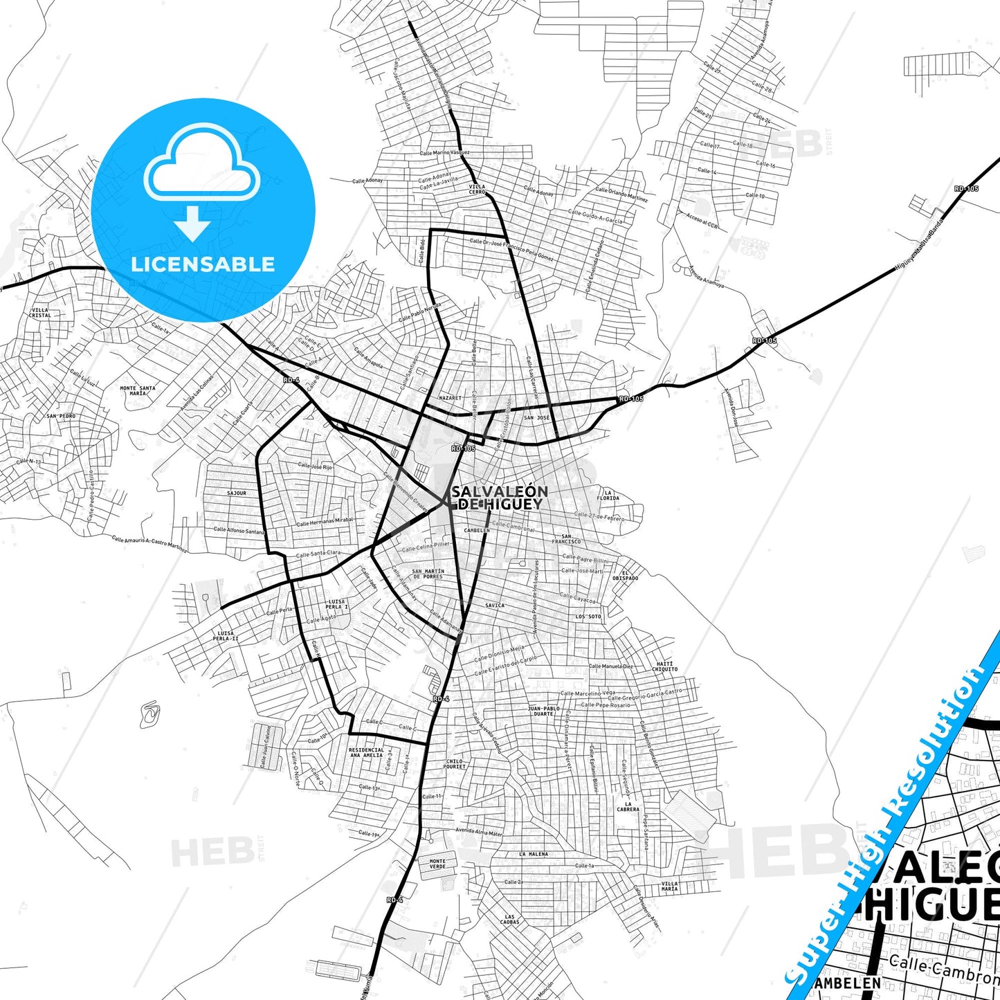 Higüey, Dominican Republic Light Map with Street Names, City Names, and Districts