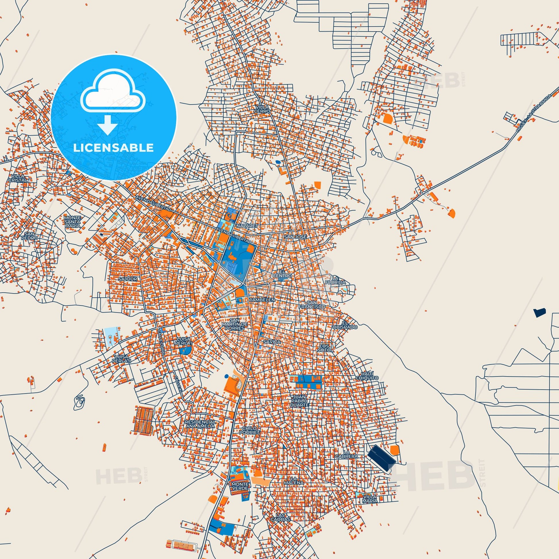 Colorful Higüey Street Map with Labels and Buildings