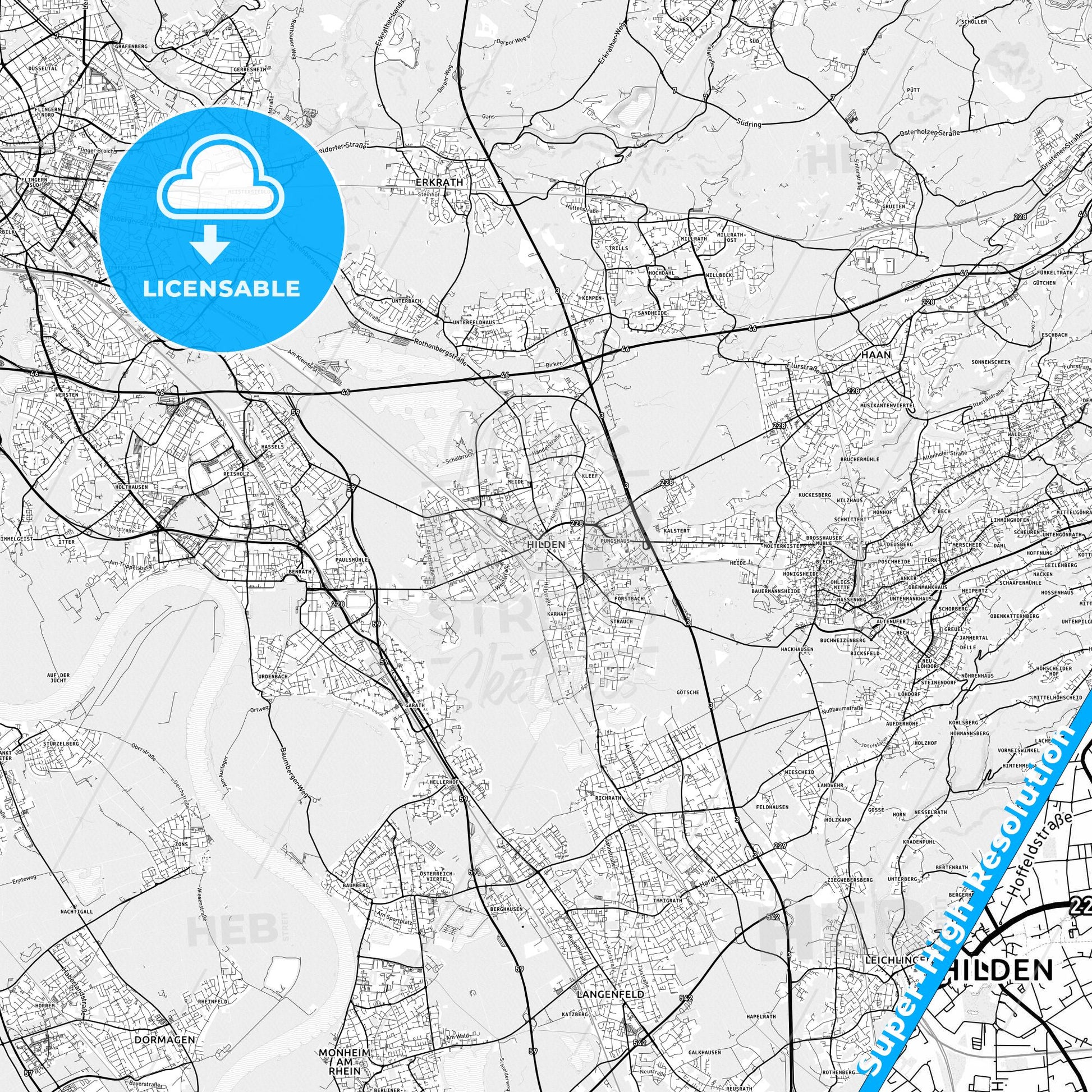 Hilden, Germany light map with streetnames, citynames and districts