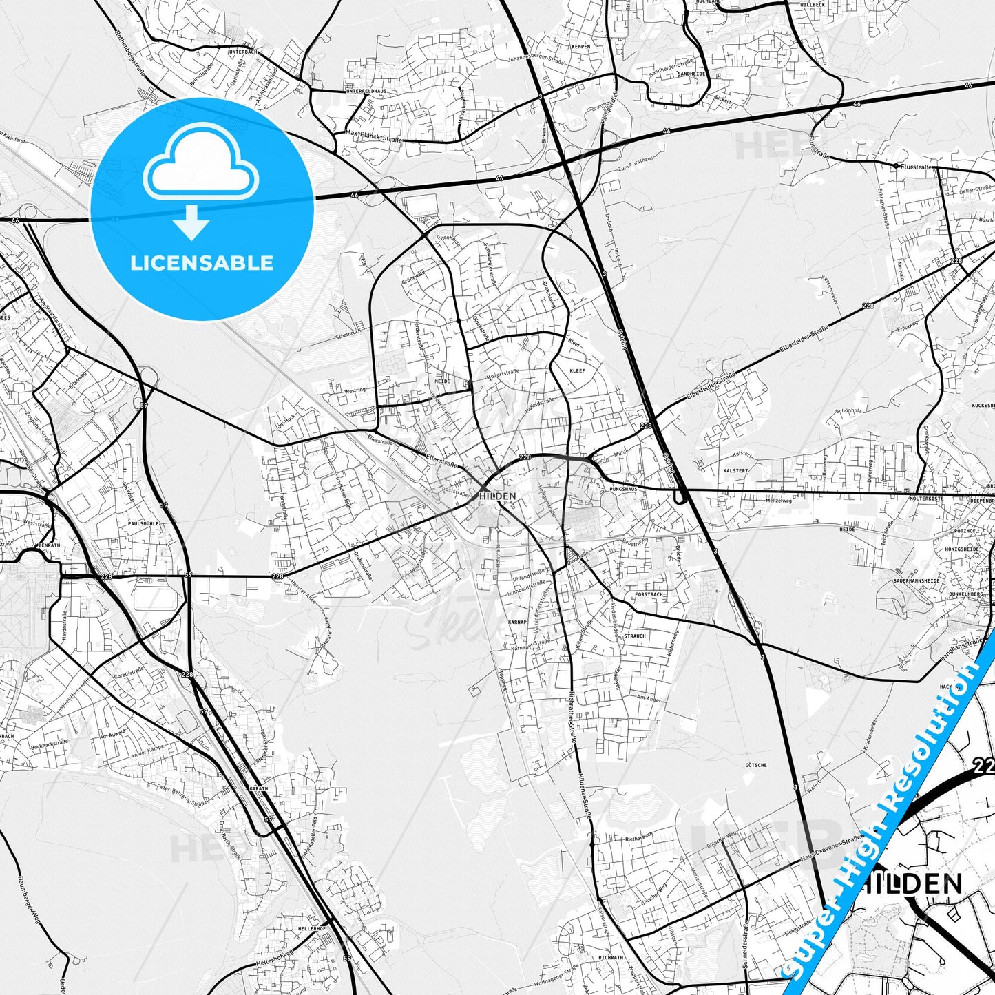 Hilden, Germany Light Map with Street Names, City Names, and Districts