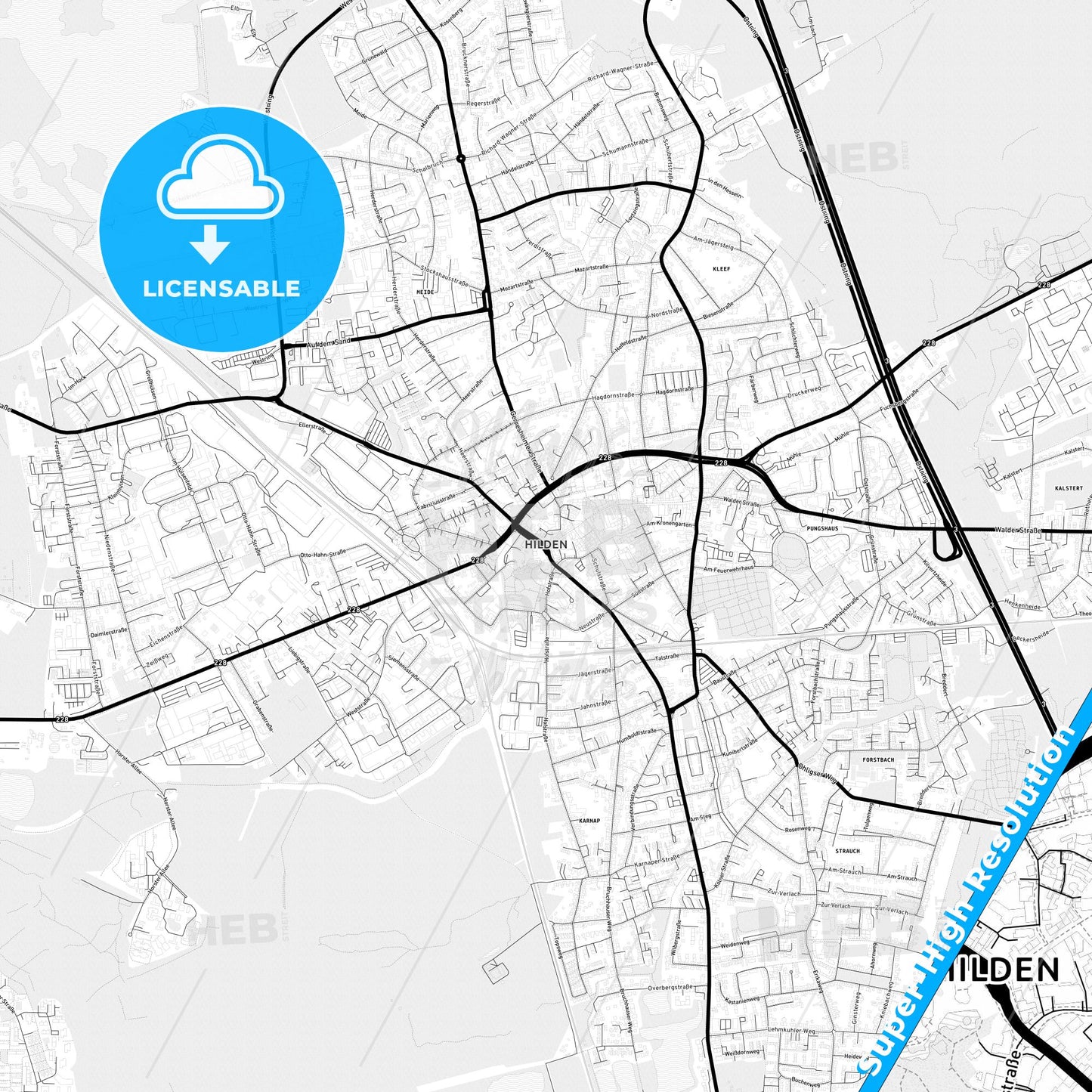 Hilden, Germany Light Map with Street Names, City Names, and Districts