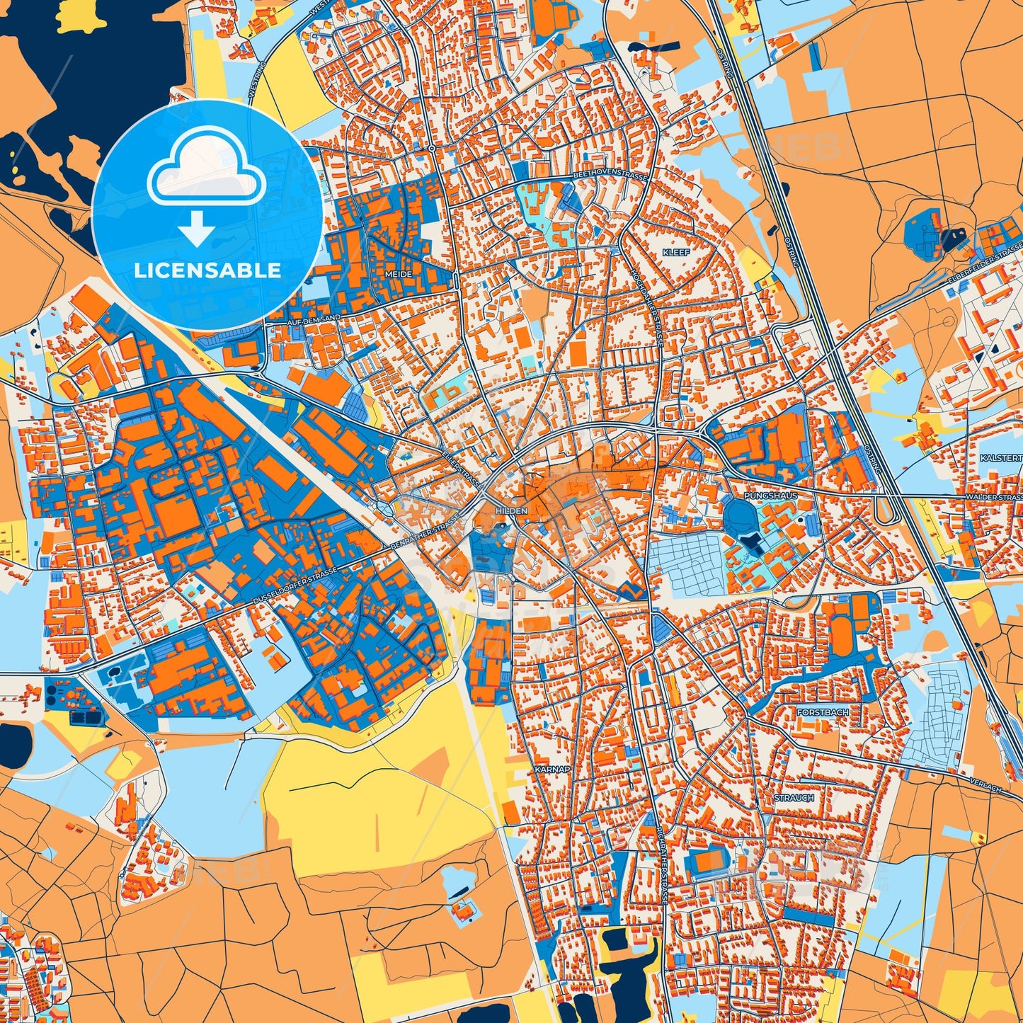 Colorful Hilden Street Map with Labels and Buildings