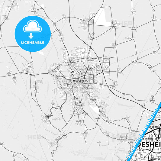 Hildesheim, Germany light map with streetnames, citynames and districts