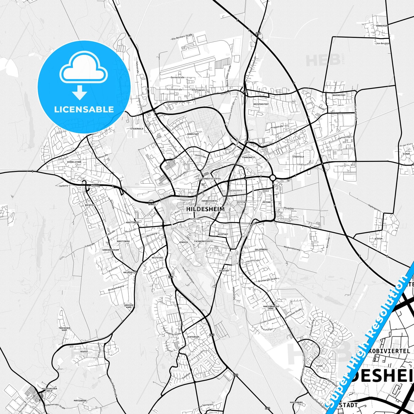 Hildesheim, Germany Light Map with Street Names, City Names, and Districts