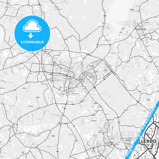 Hillerød, Denmark light map with streetnames, citynames and districts