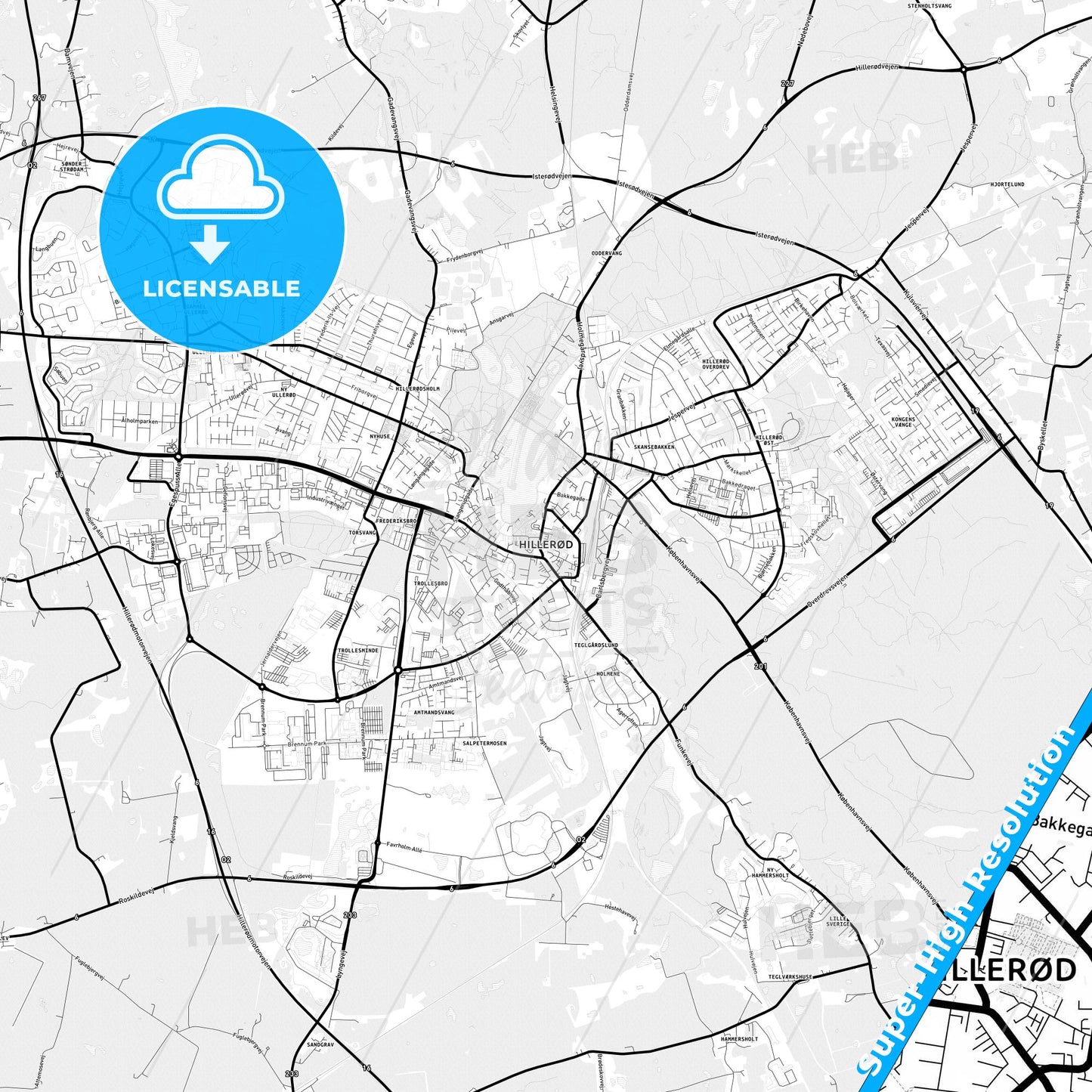 Hillerød, Denmark Light Map with Street Names, City Names, and Districts