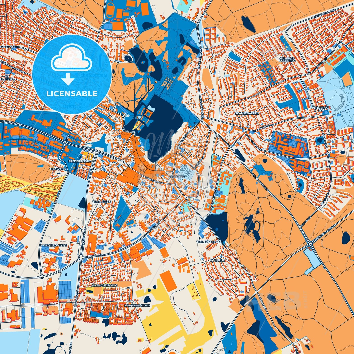 Colorful Hillerød Street Map With Labels And Buildings – HEBSTREITS