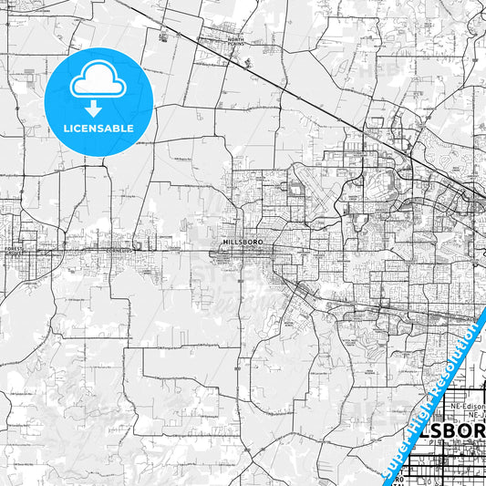 Hillsboro, Oregon light map with streetnames, citynames and districts