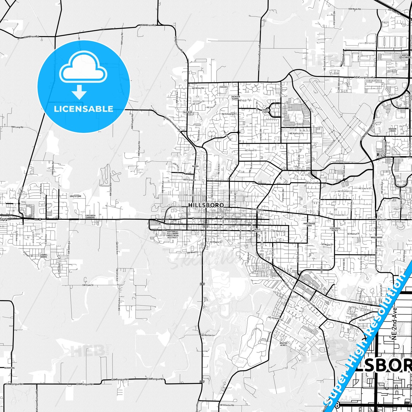 Hillsboro, Oregon Light Map with Street Names, City Names, and Districts