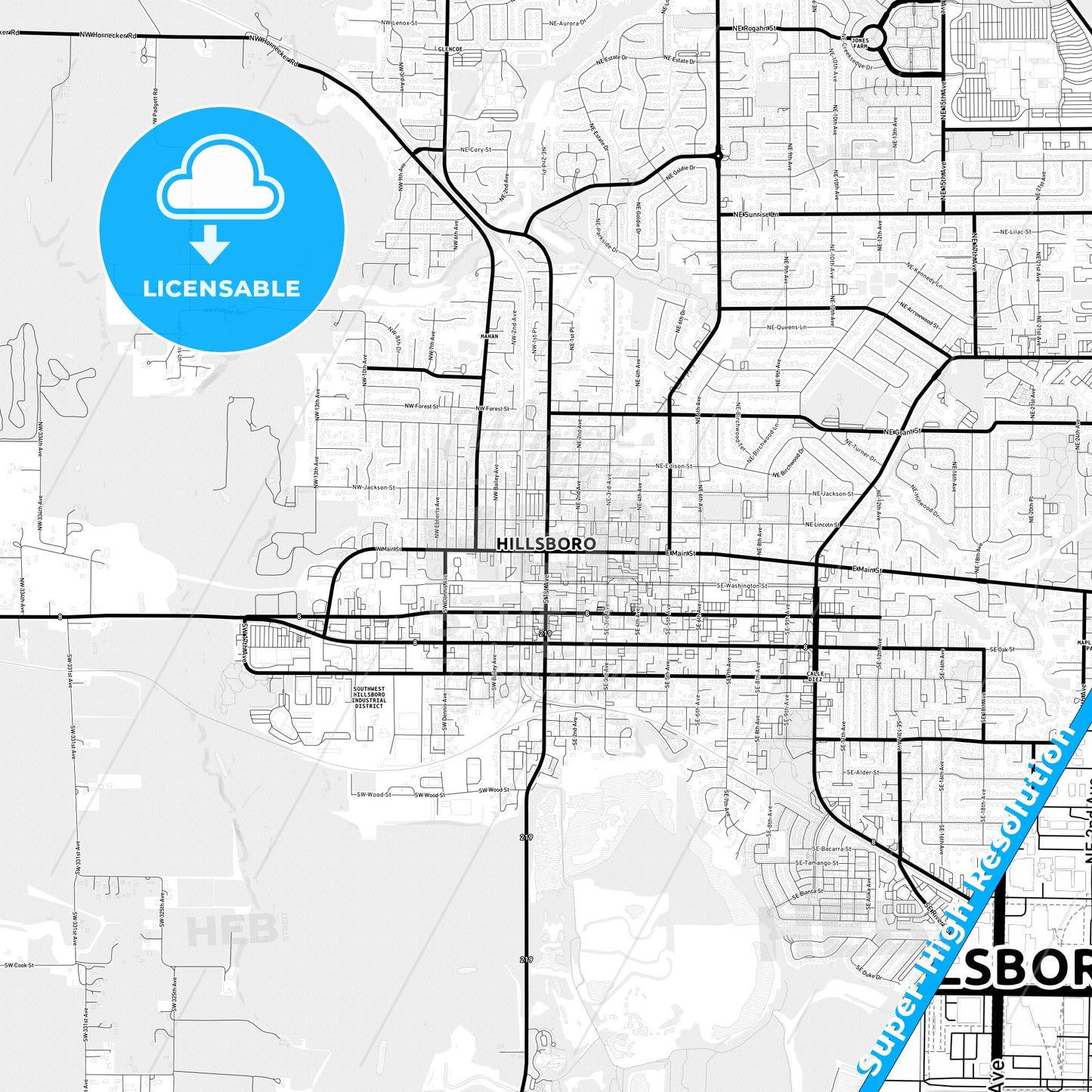 Hillsboro, Oregon Light Map with Street Names, City Names, and Districts