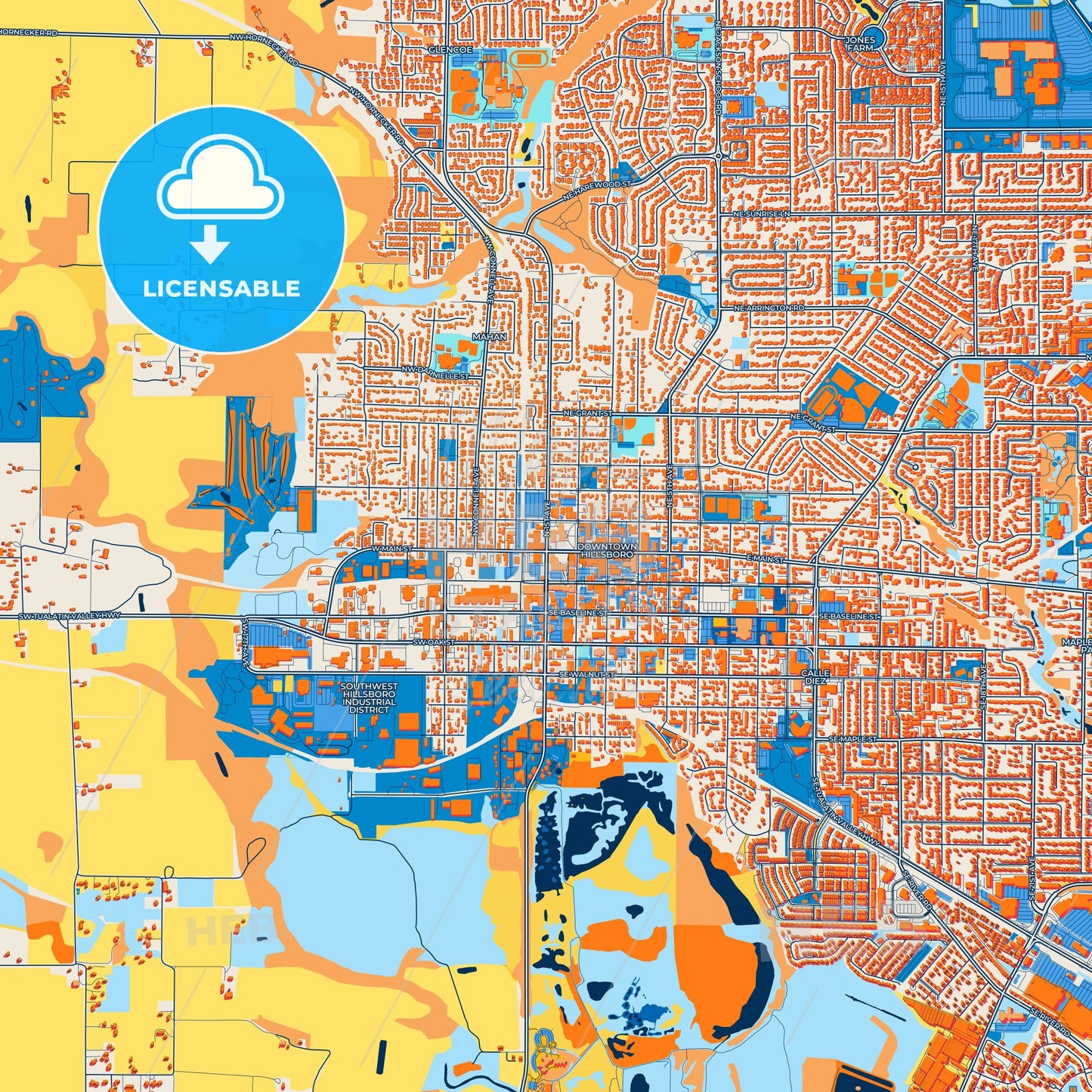 Colorful Hillsboro Street Map with Labels and Buildings