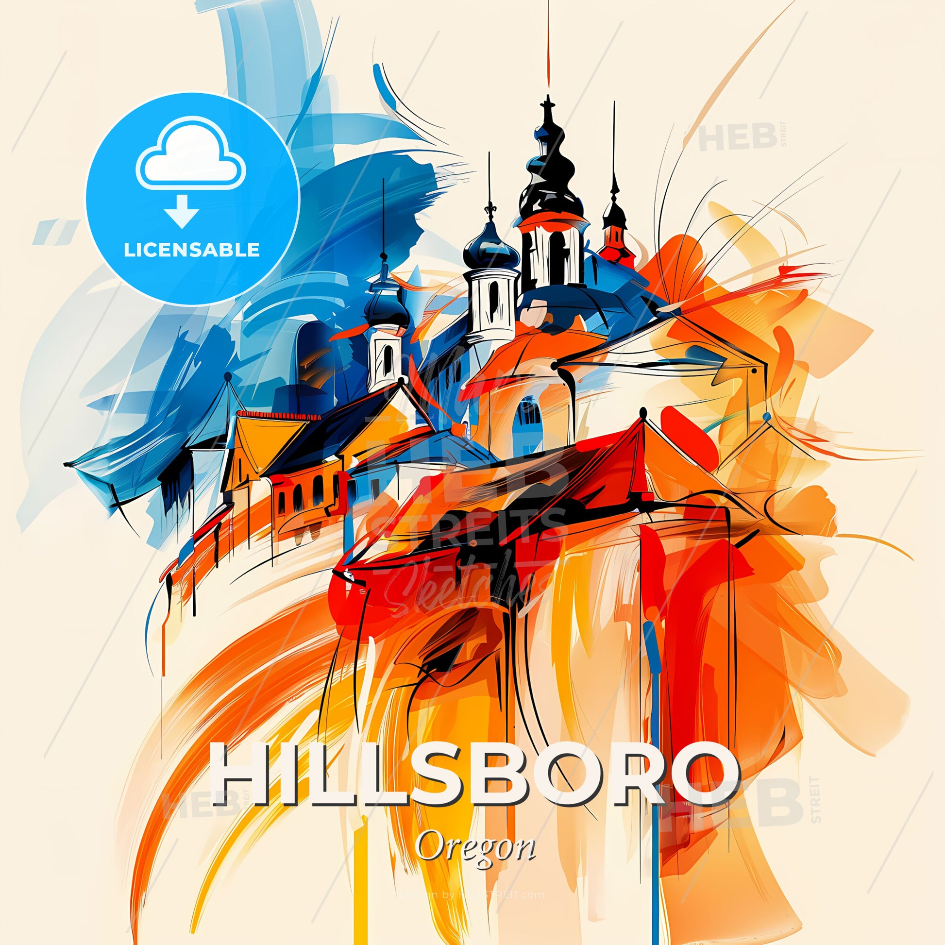 Vibrant Hillsboro, Oregon - A Painting Of A Building With Towers And A Colorful Background - Square format print template