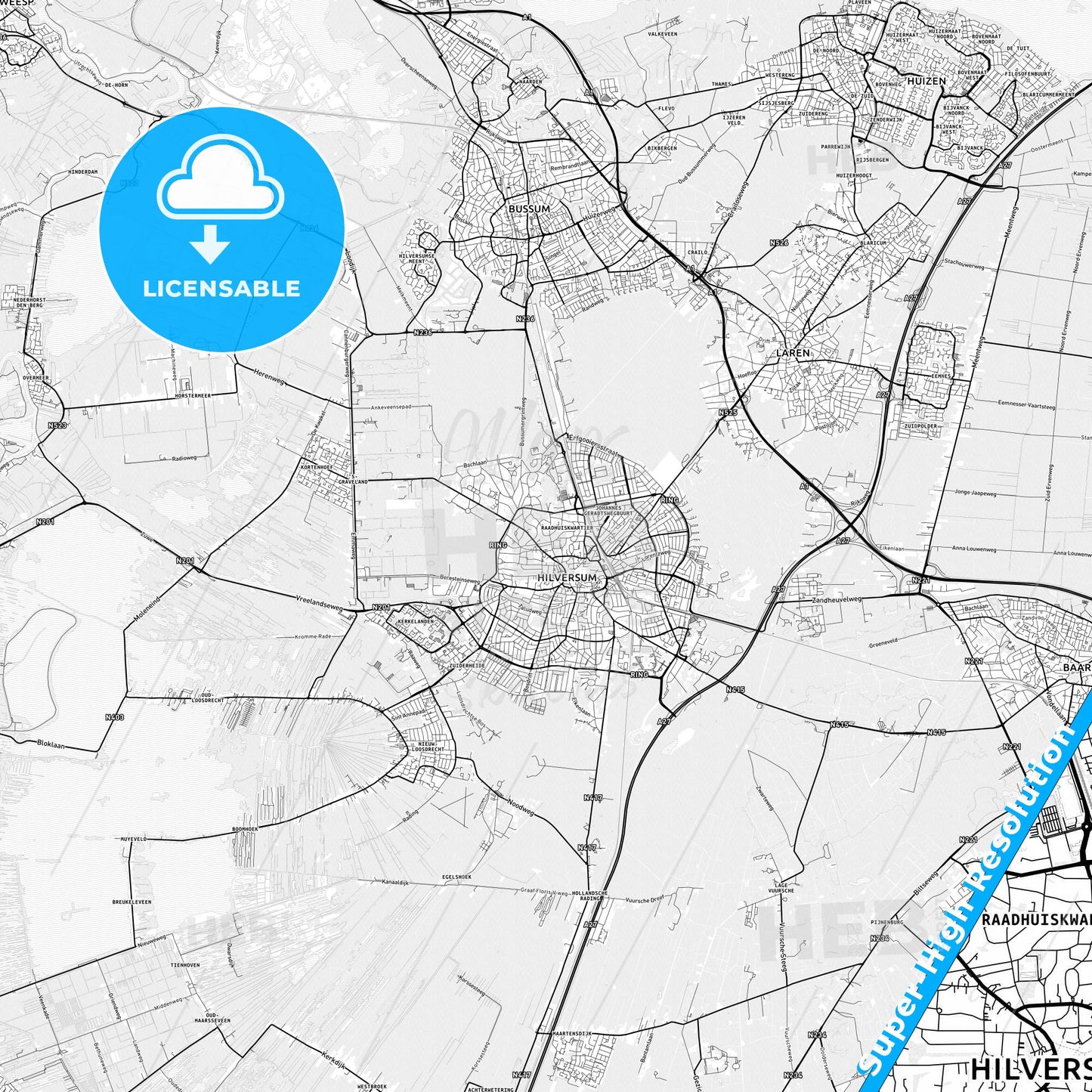 Hilversum, Netherlands light map with streetnames, citynames and districts