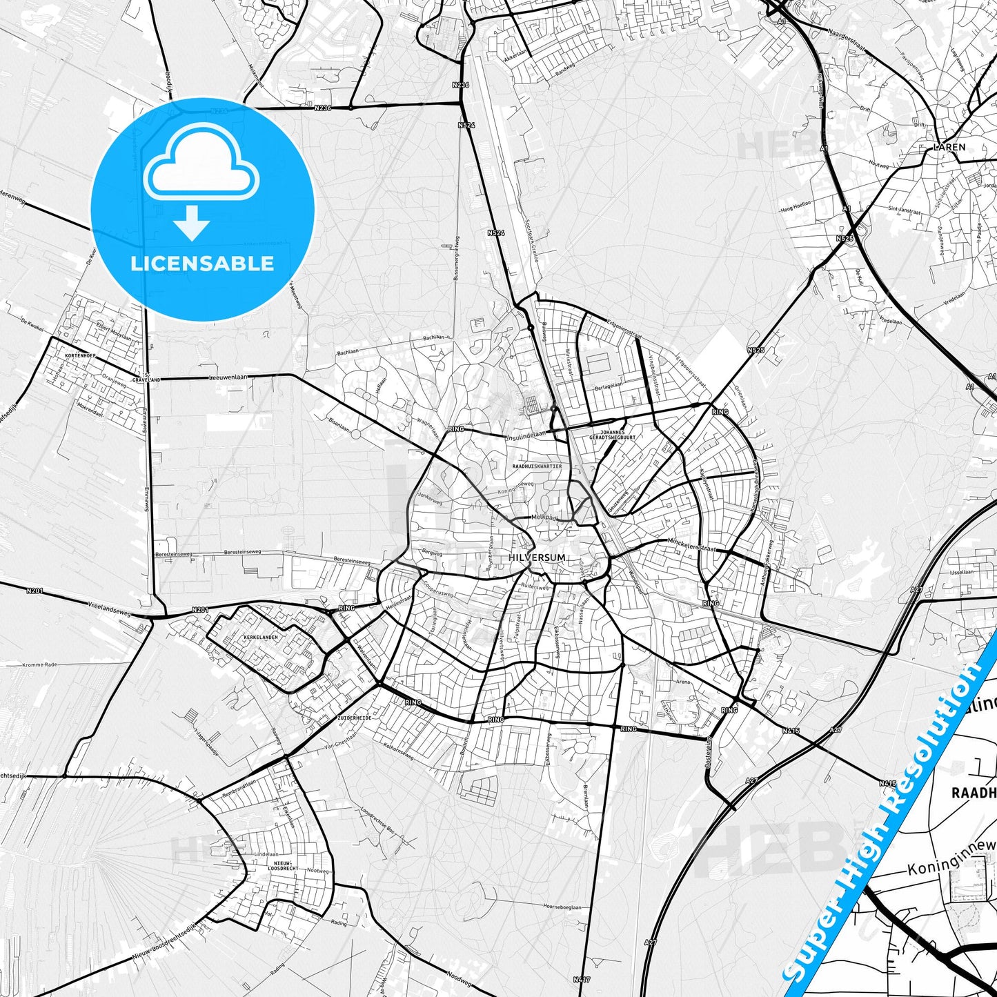 Hilversum, Netherlands Light Map with Street Names, City Names, and Districts
