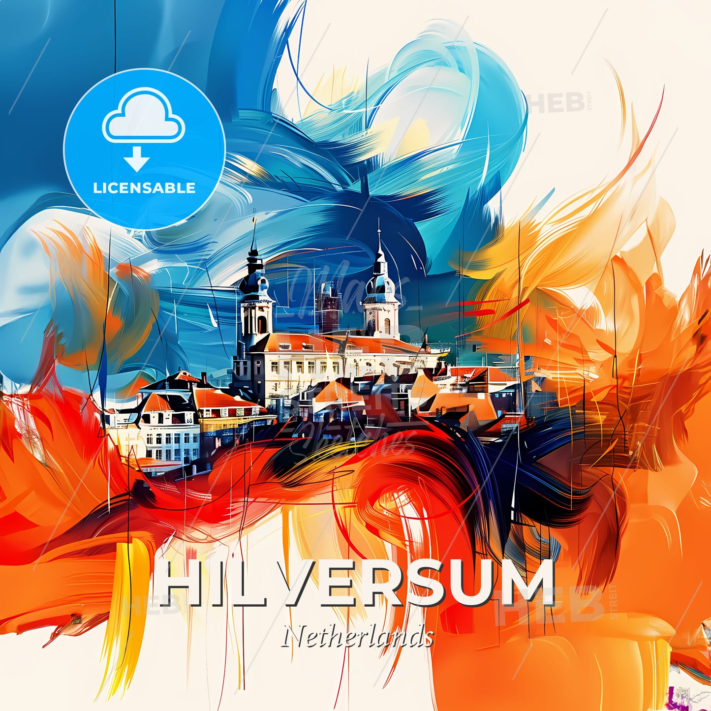 Vibrant Hilversum, Netherlands - A Painting Of A Building With Colorful Paint Splashes - Square format print template