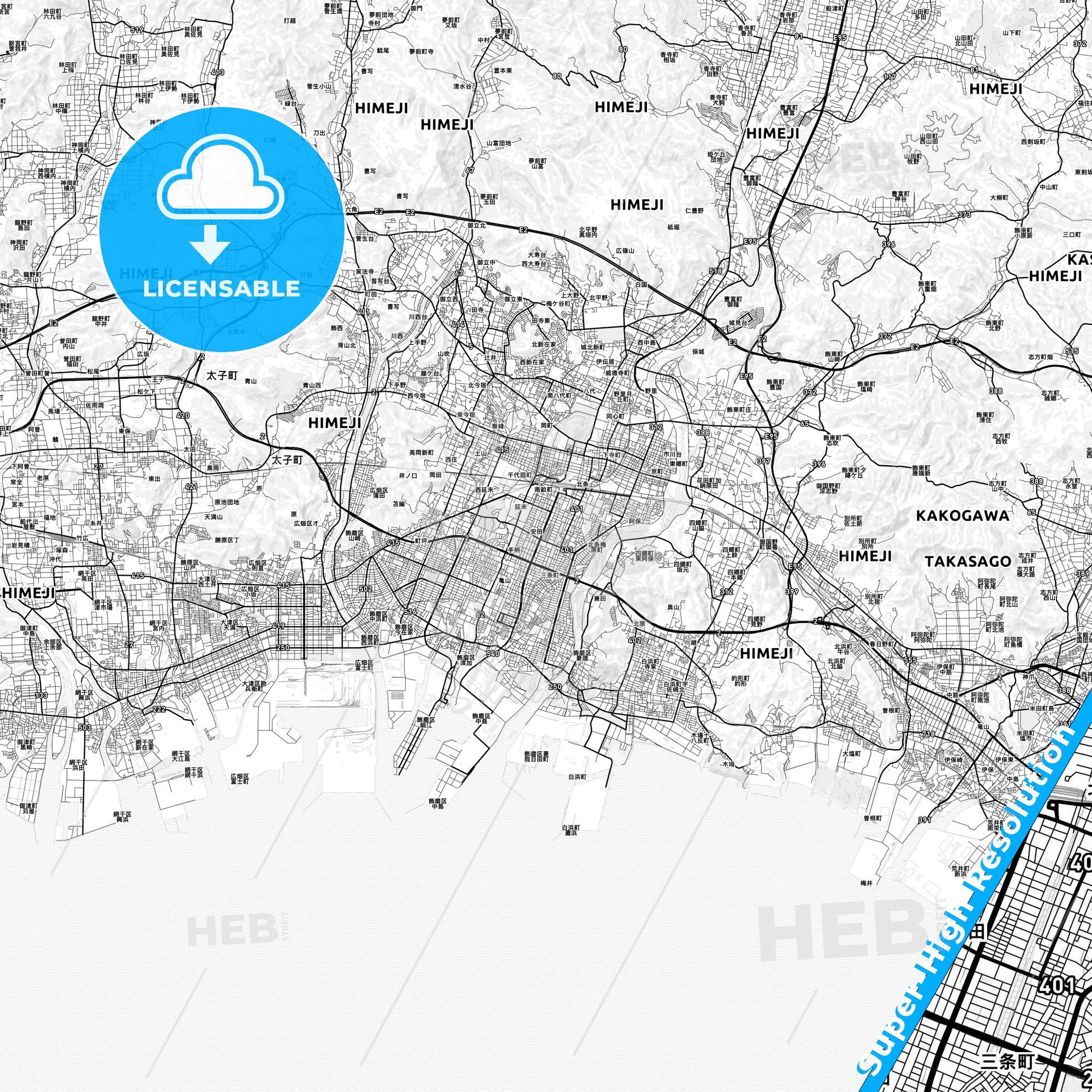 Himeji, Japan light map with streetnames, citynames and districts