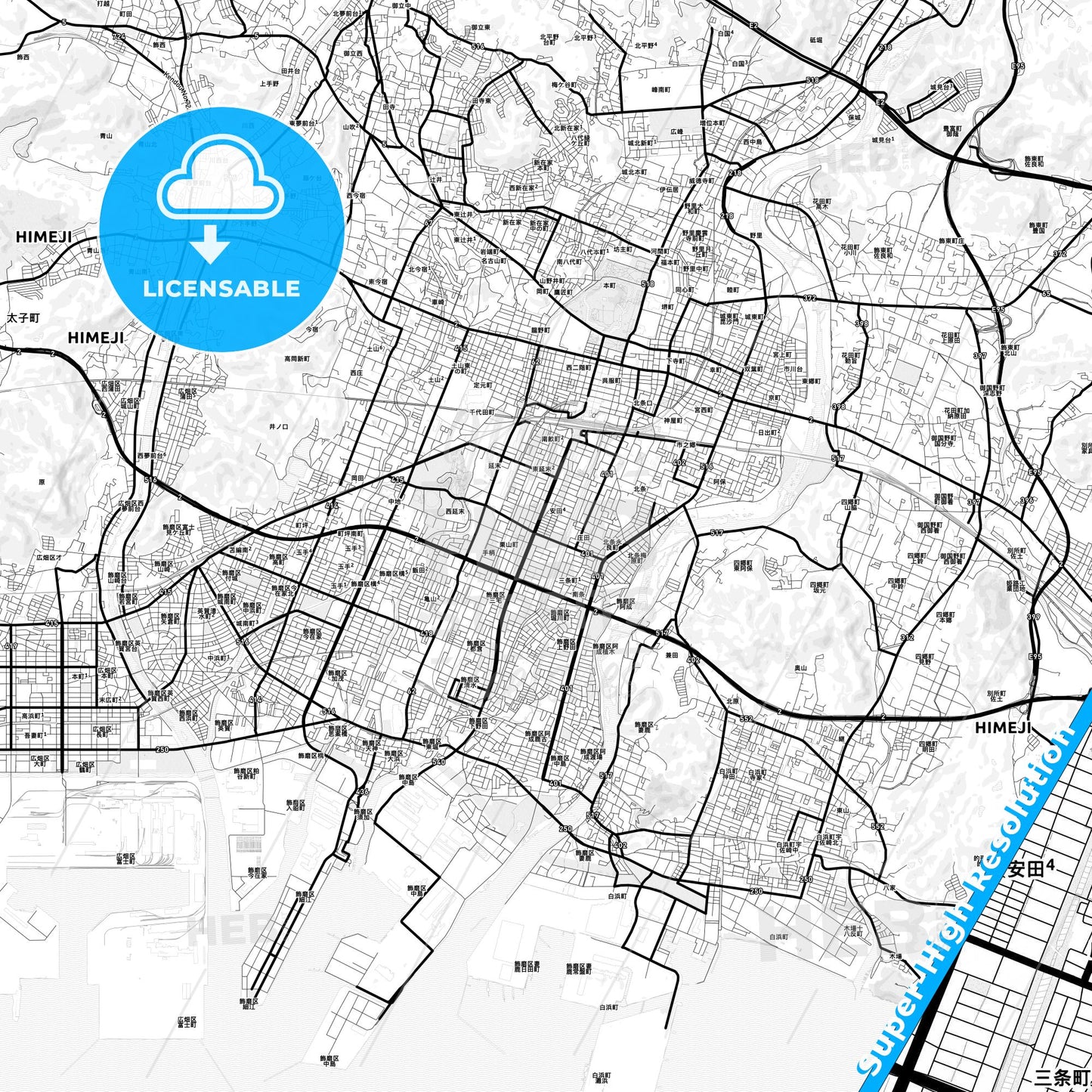 Himeji, Japan Light Map with Street Names, City Names, and Districts