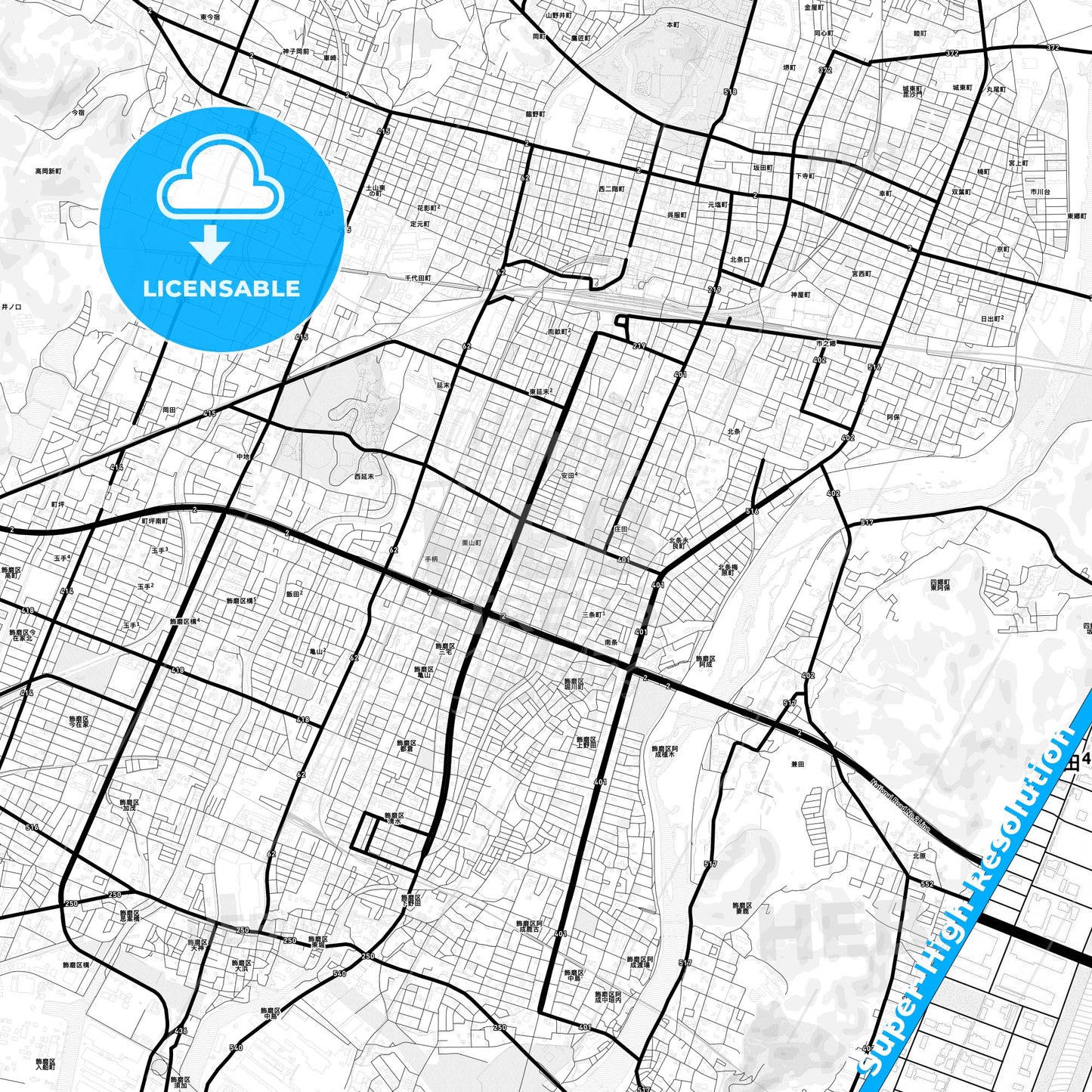 Himeji, Japan Light Map with Street Names, City Names, and Districts