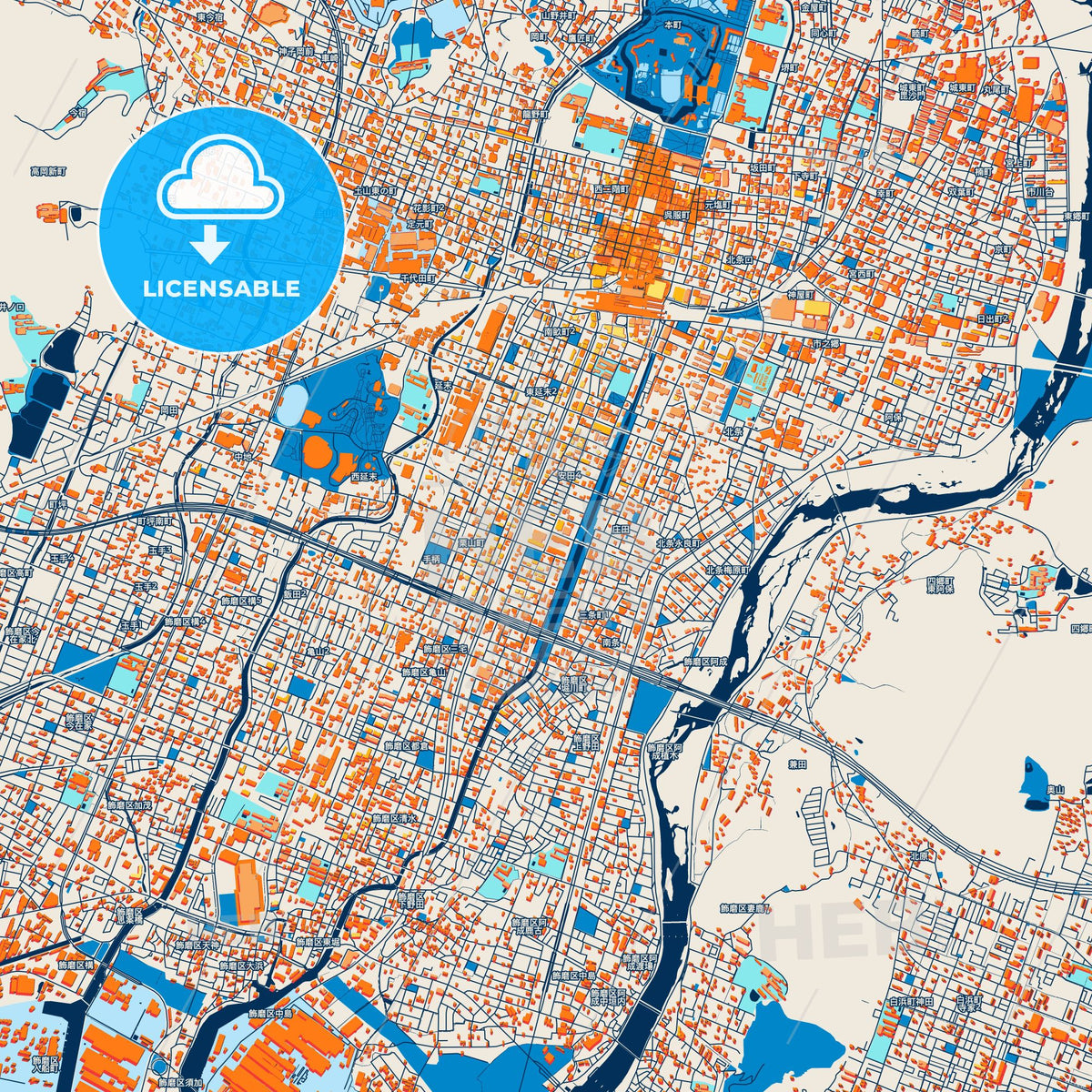 Colorful Himeji Street Map with Labels and Buildings