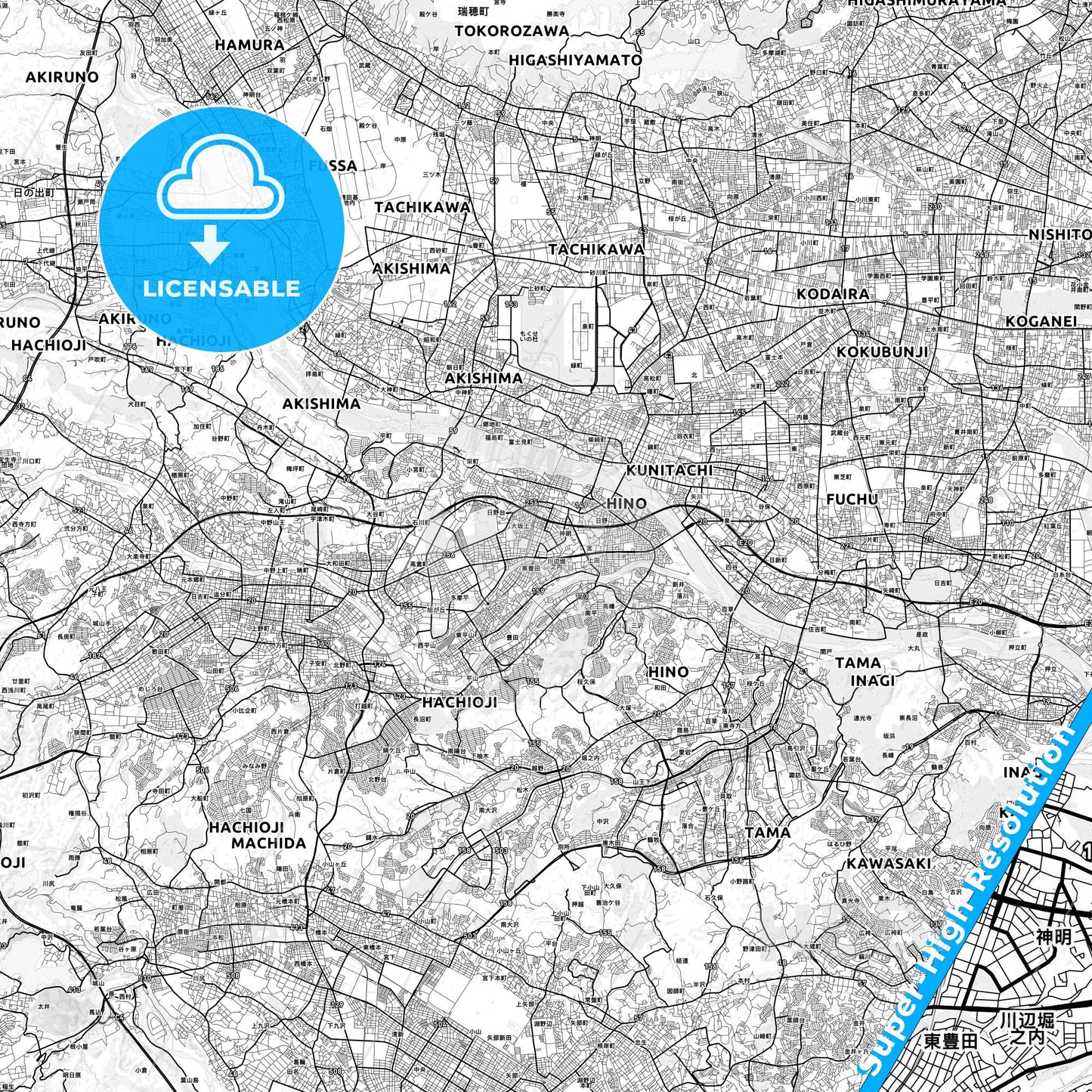 Hino, Japan light map with streetnames, citynames and districts