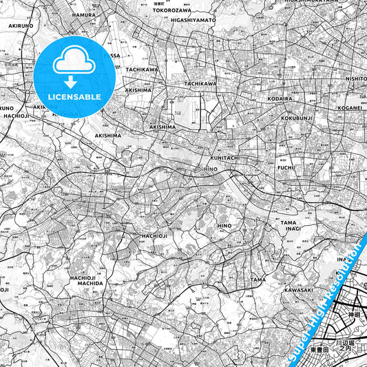 Hino, Japan light map with streetnames, citynames and districts