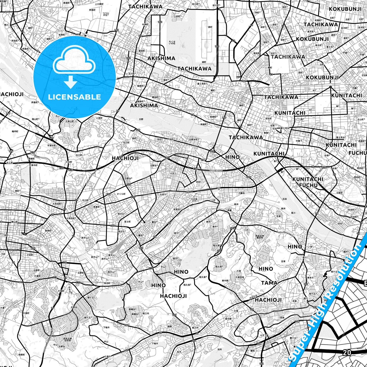 Hino, Japan Light Map with Street Names, City Names, and Districts