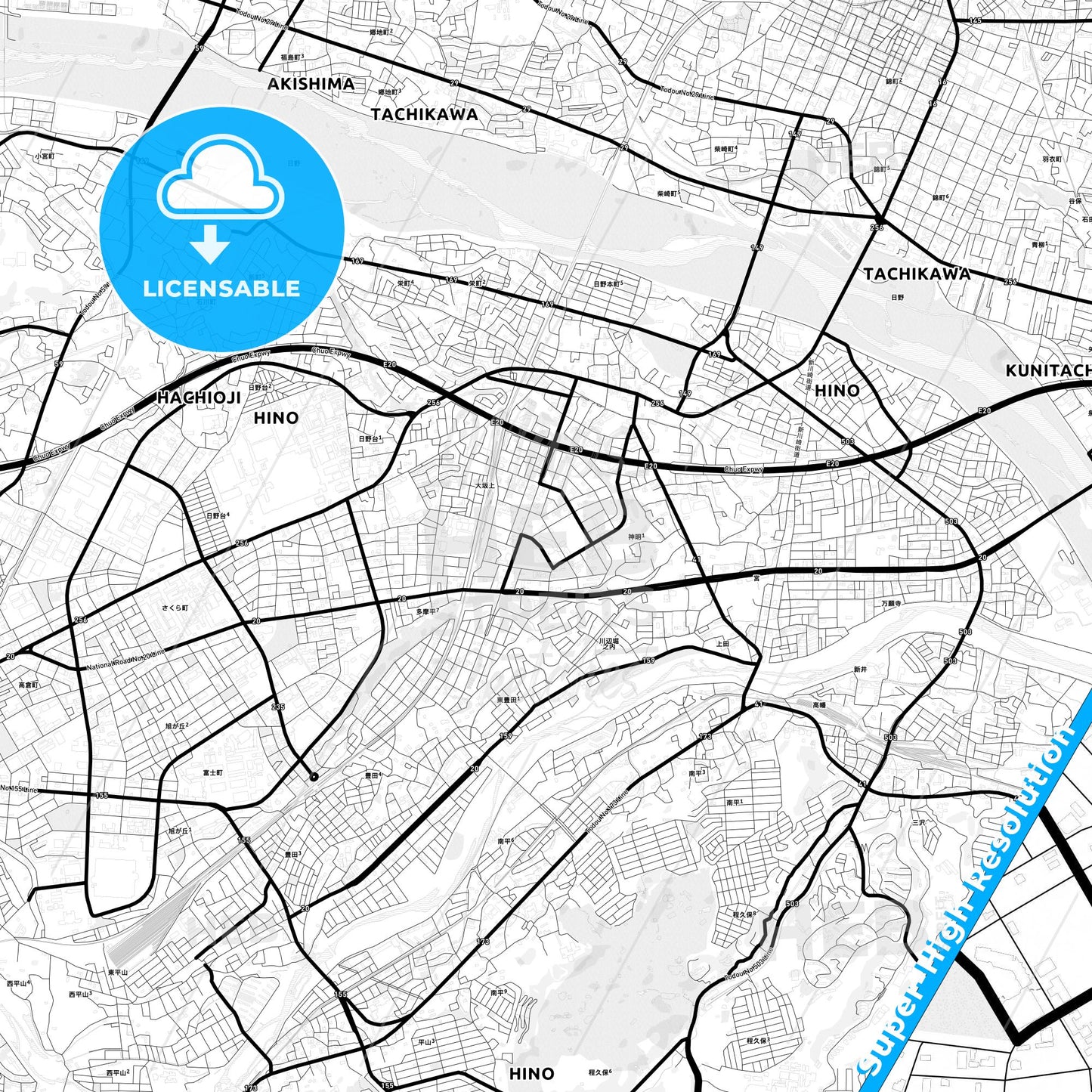 Hino, Japan Light Map with Street Names, City Names, and Districts