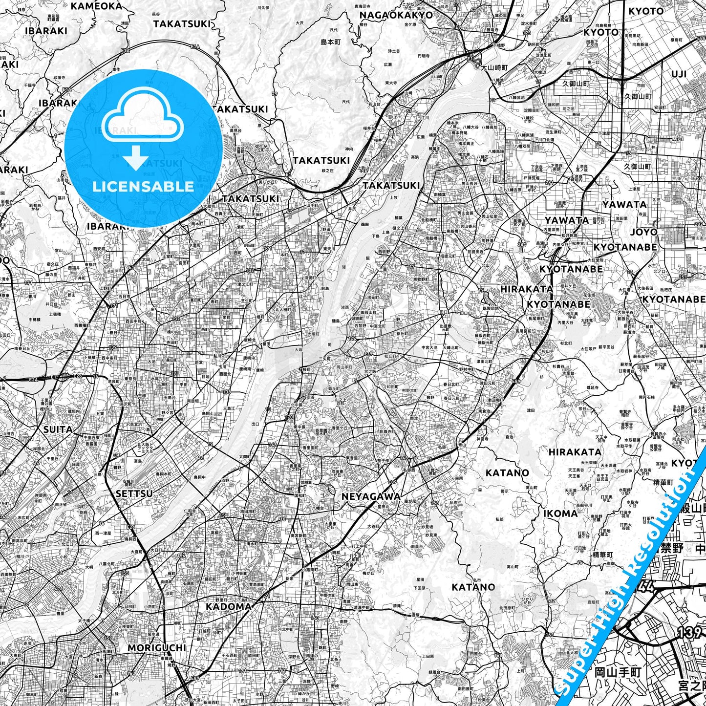 Hirakata, Japan light map with streetnames, citynames and districts