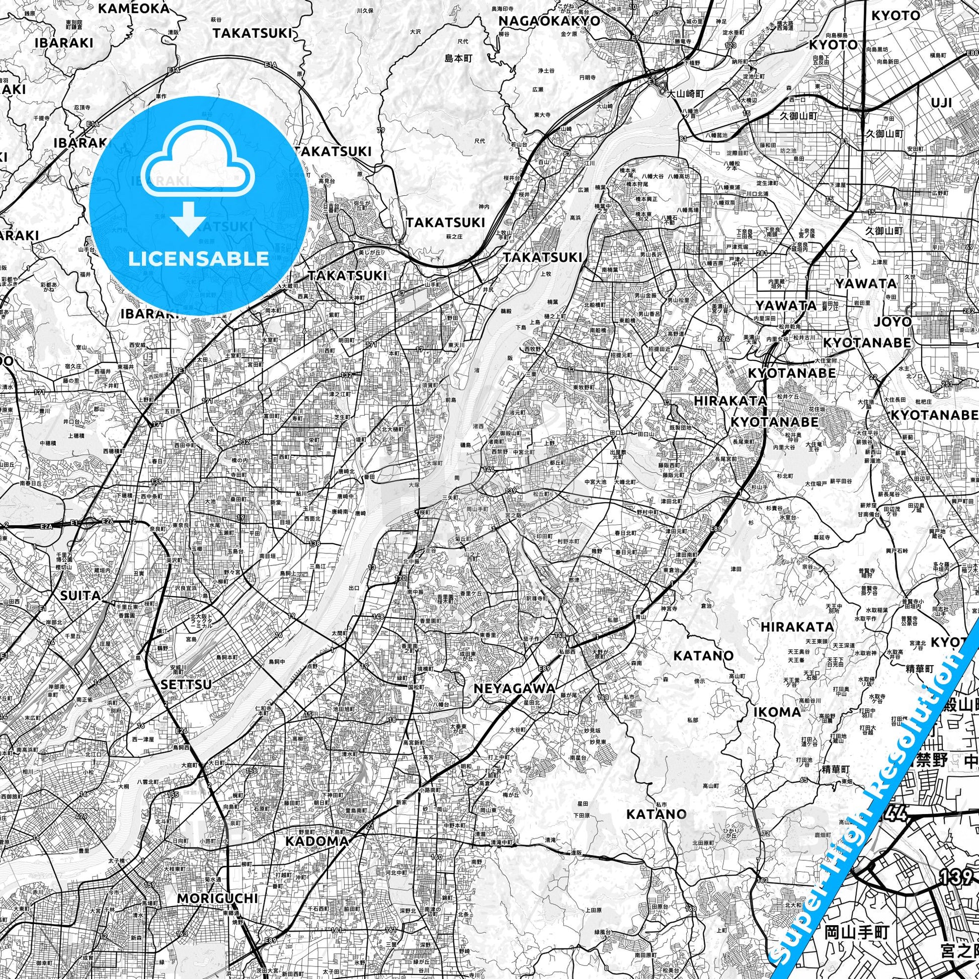 Hirakata, Japan light map with streetnames, citynames and districts